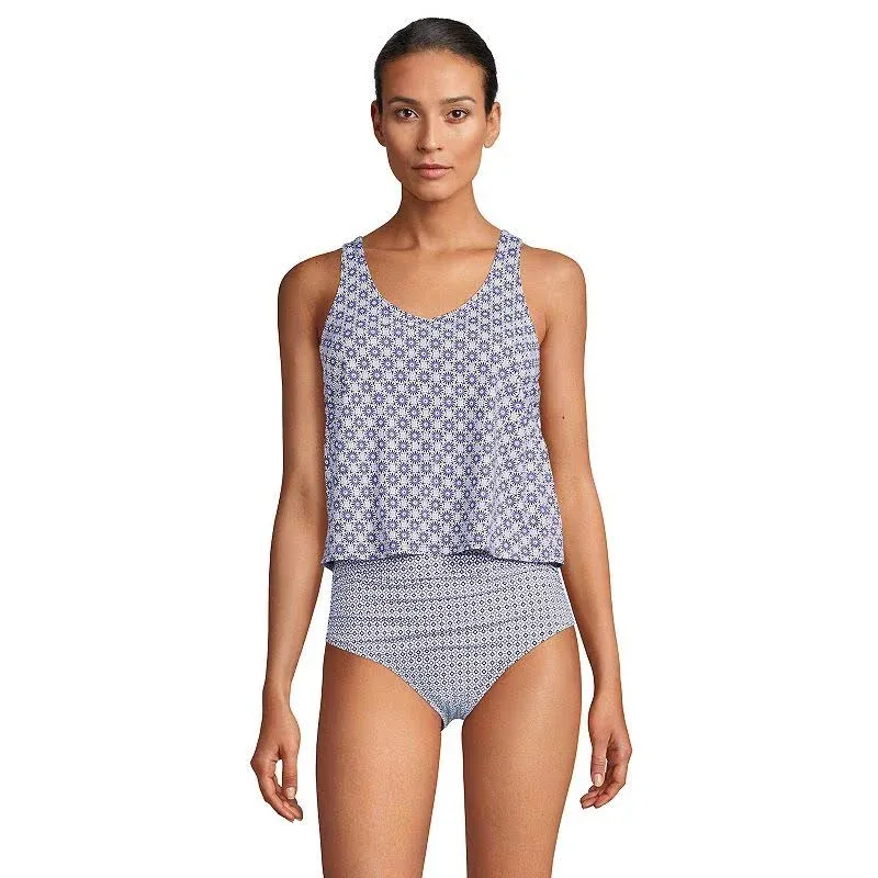 Lands' End Women's Long Torso Chlorine Resistant V-Neck One Piece Fauxkini Swimsuit Faux Tankini Top - X-Small - Blackberry Geo Mix