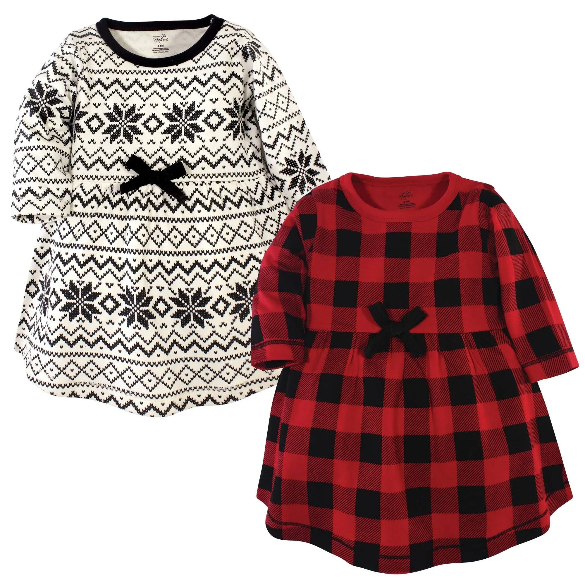 Touched by Nature Baby and Toddler Girl Organic Cotton Long-Sleeve Dresses 2pk, Buffalo Plaid, 3 Toddler