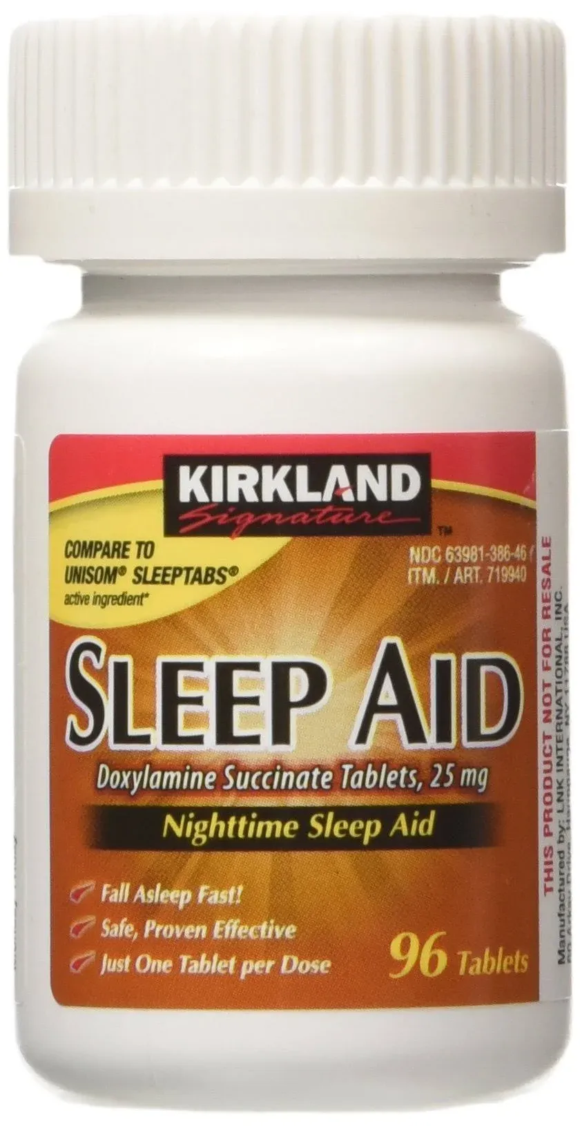 Kirkland Signature Sleep Aid Doxylamine Succinate 25 mg x Tabs (53201812) No Flavor 96 Count, Packaging May Vary