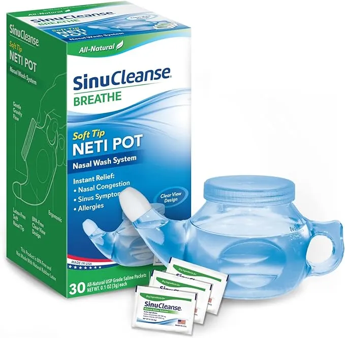 SinuCleanse Soft Tip Neti Pot Nasal Wash System, Relieves Nasal Congestion Due to Cold & Flu, Dry Air, Allergies, 30 All-Natural Saline Packets, Made in USA