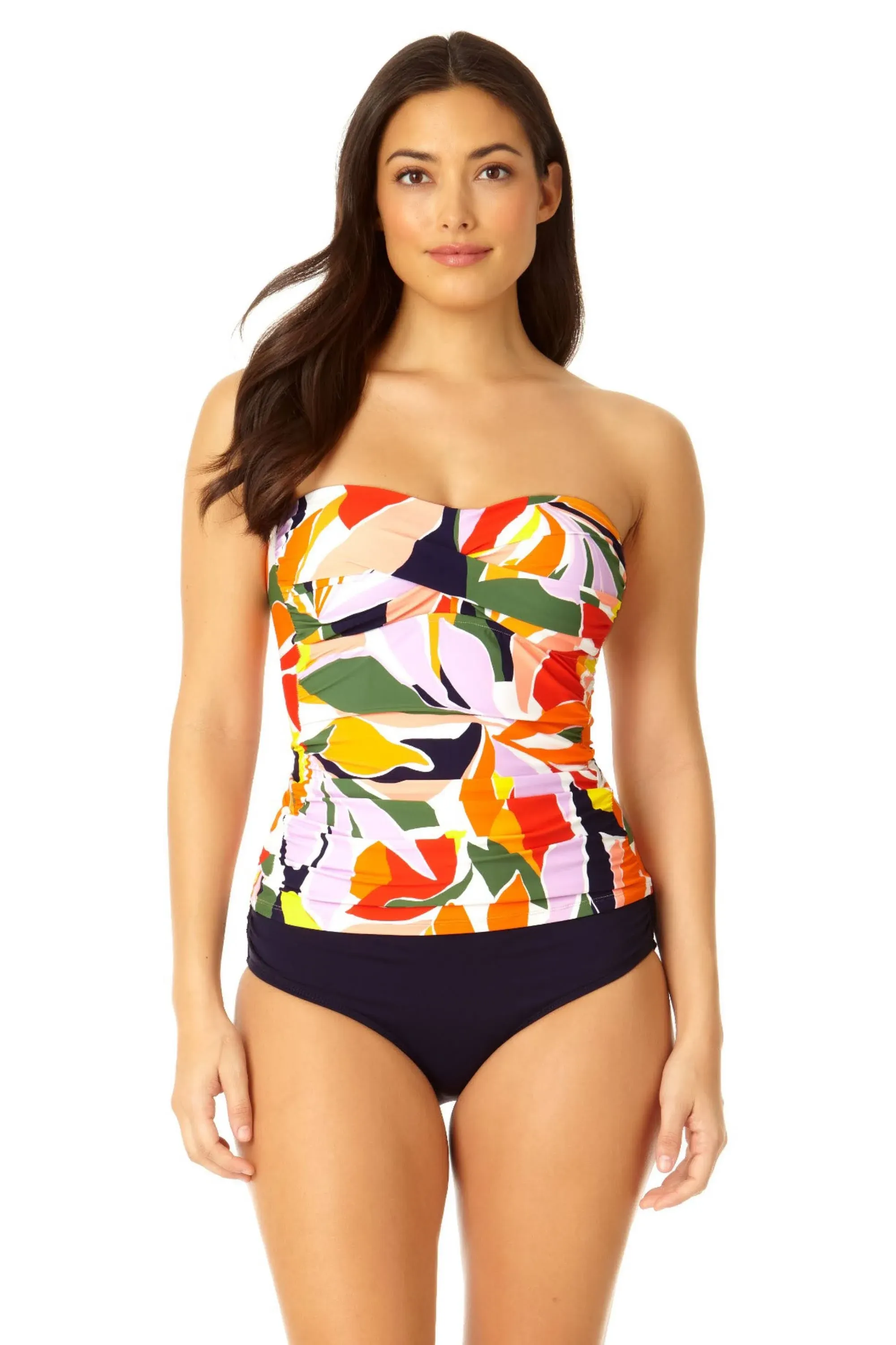 Womens Printed Twist Front Bandeaukini Solid High Waisted Bottoms In Multi Palm Print