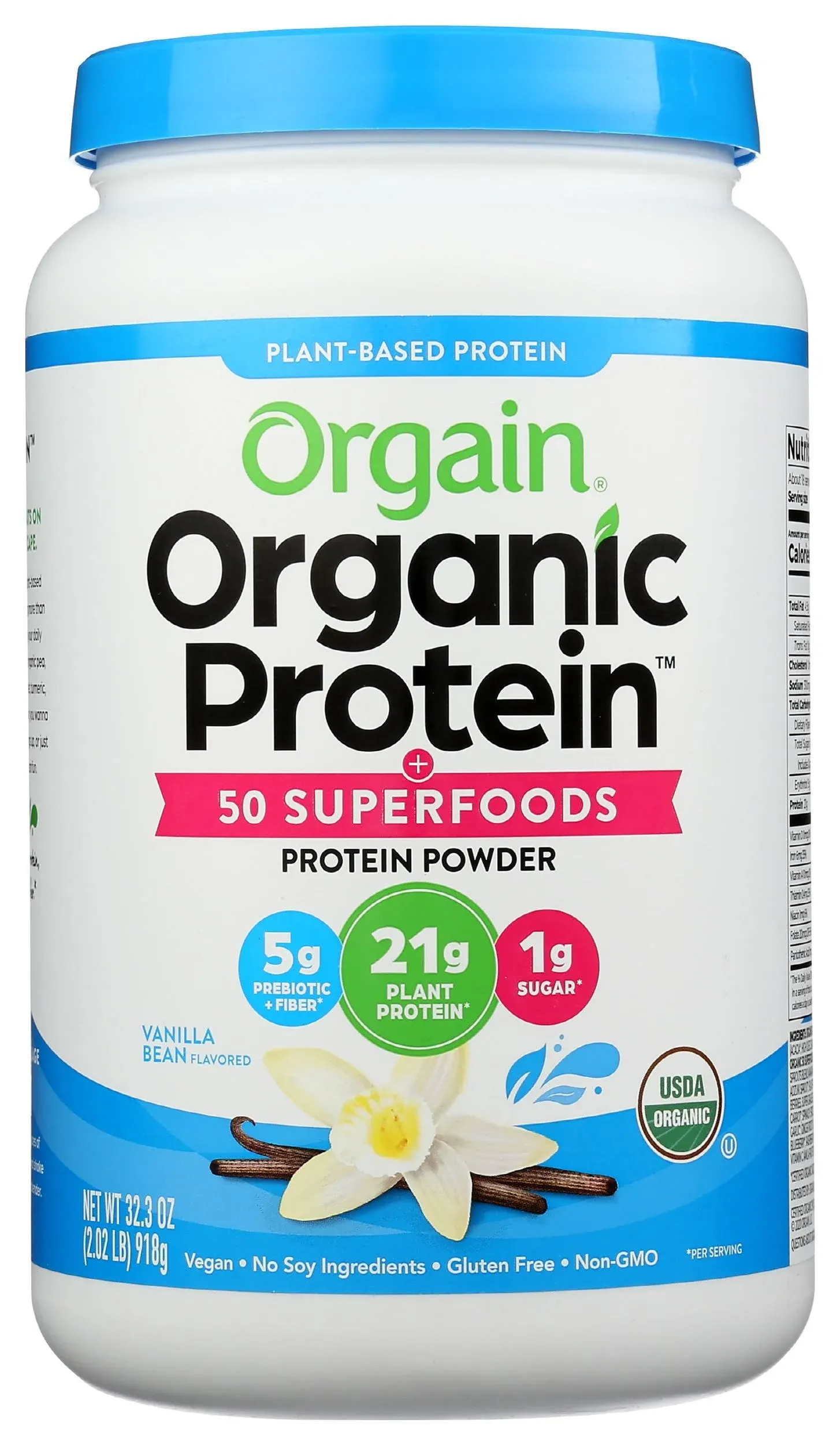 Orgain Organic Plant Based Protein + Superfoods Powder, Vanilla Bean, 2.02 lb