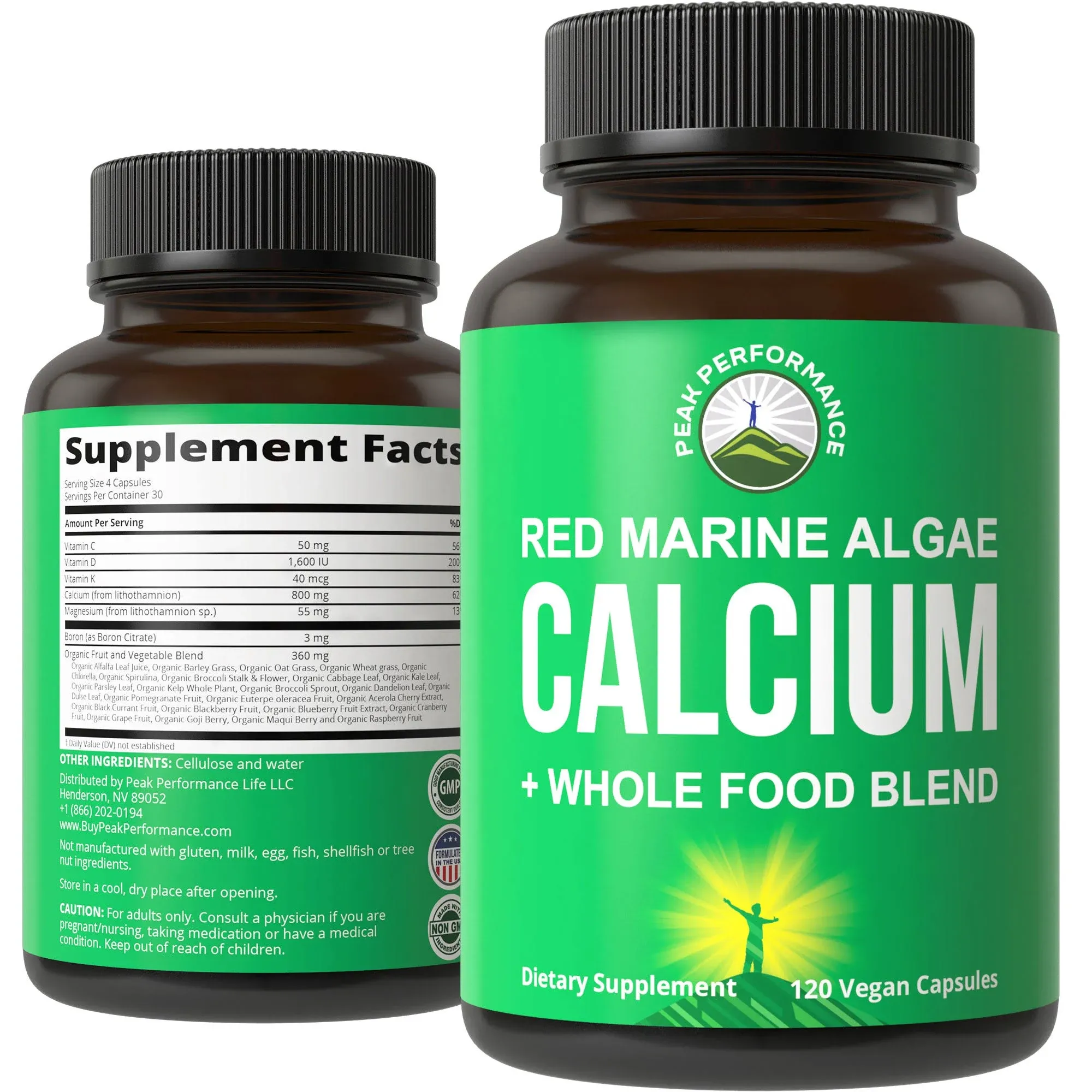 Plant Based Calcium - Red Marine Algae Calcium Supplement with Vitamin C, D3, K, Magnesium, and Whole Food Vegetable Blend. Vegan Capsules for Bones and Joints. 120 Calcium Pills, Tablets