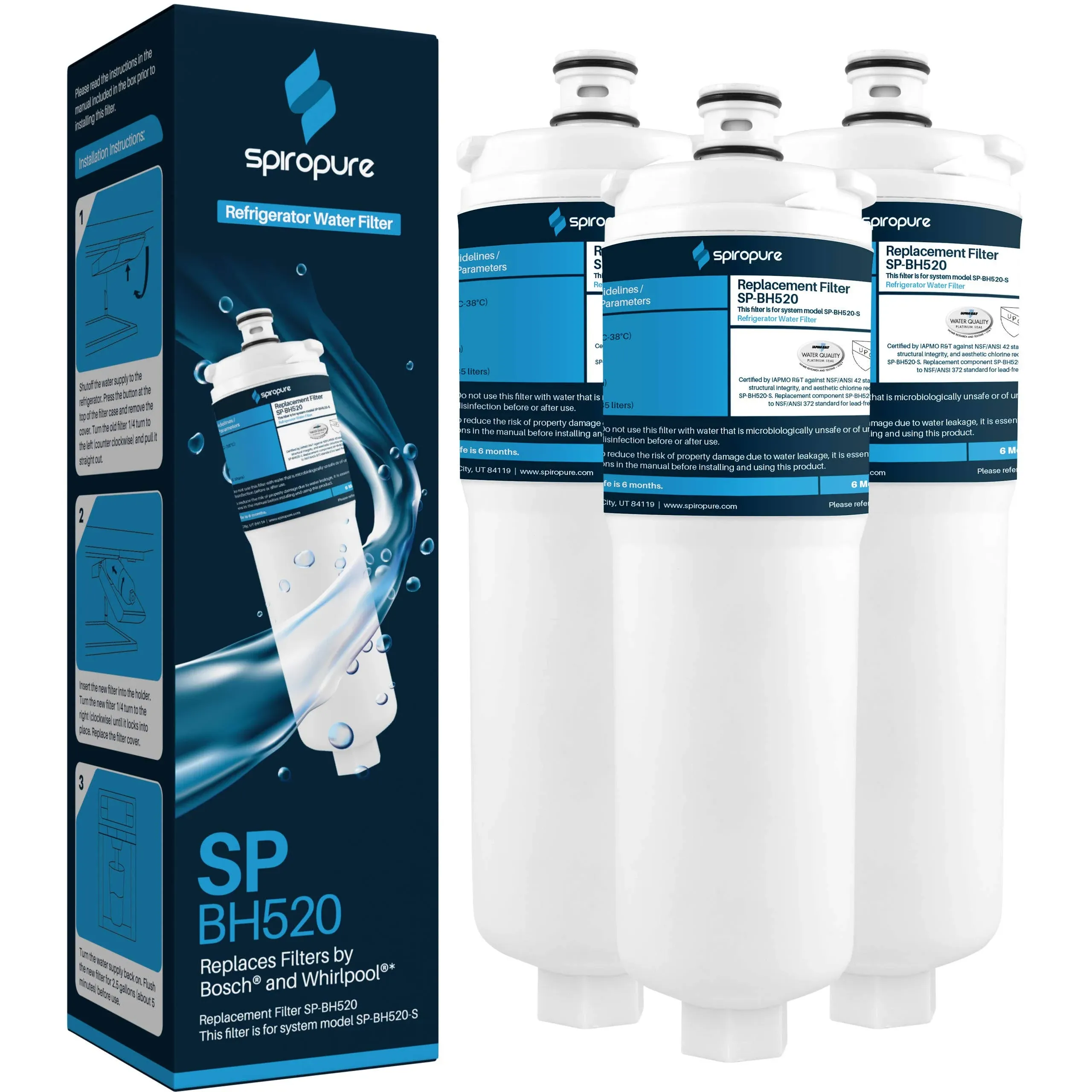 SpiroPure SP-BH520 NSF Certified Refrigerator Water Filter Replacement for WHKF-R-PLUS, CS-52, 640565, WHCF-R-PLUS, 56932, WHCF-IMTOS, WHCF-IMPLUS, CS-452, EVOLFLTR10, CS-51 (3 Pack)