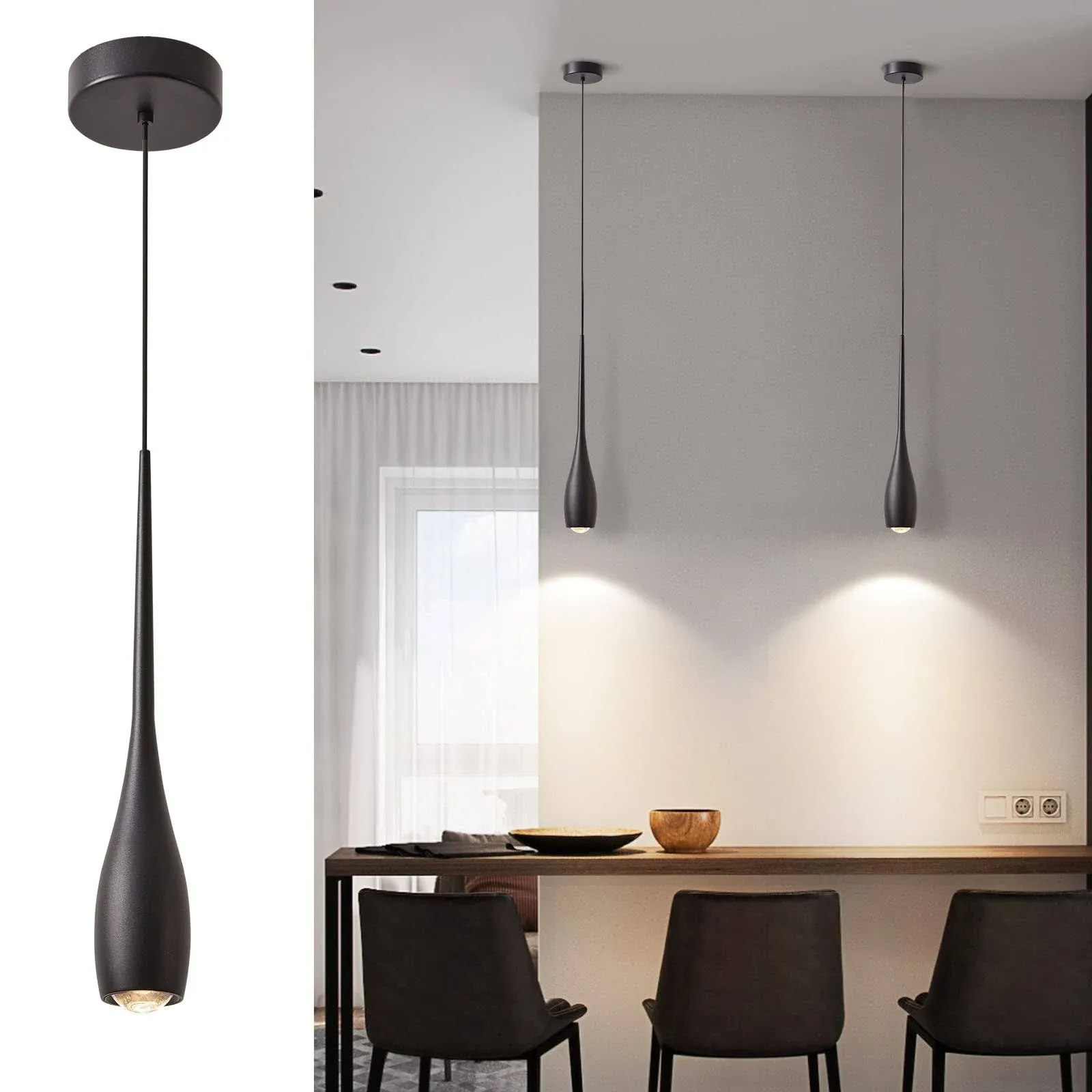 JULiN Home Black Pendant Light For Kitchen Island LED Dimmable Fixture