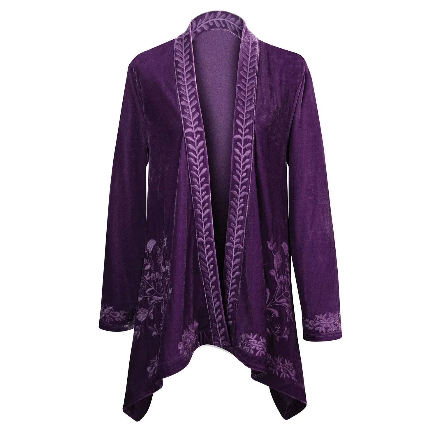 Floriana Women's Floral Embroidered Velvet Kimono - Boho Open Front Cardigan - Blush - Large