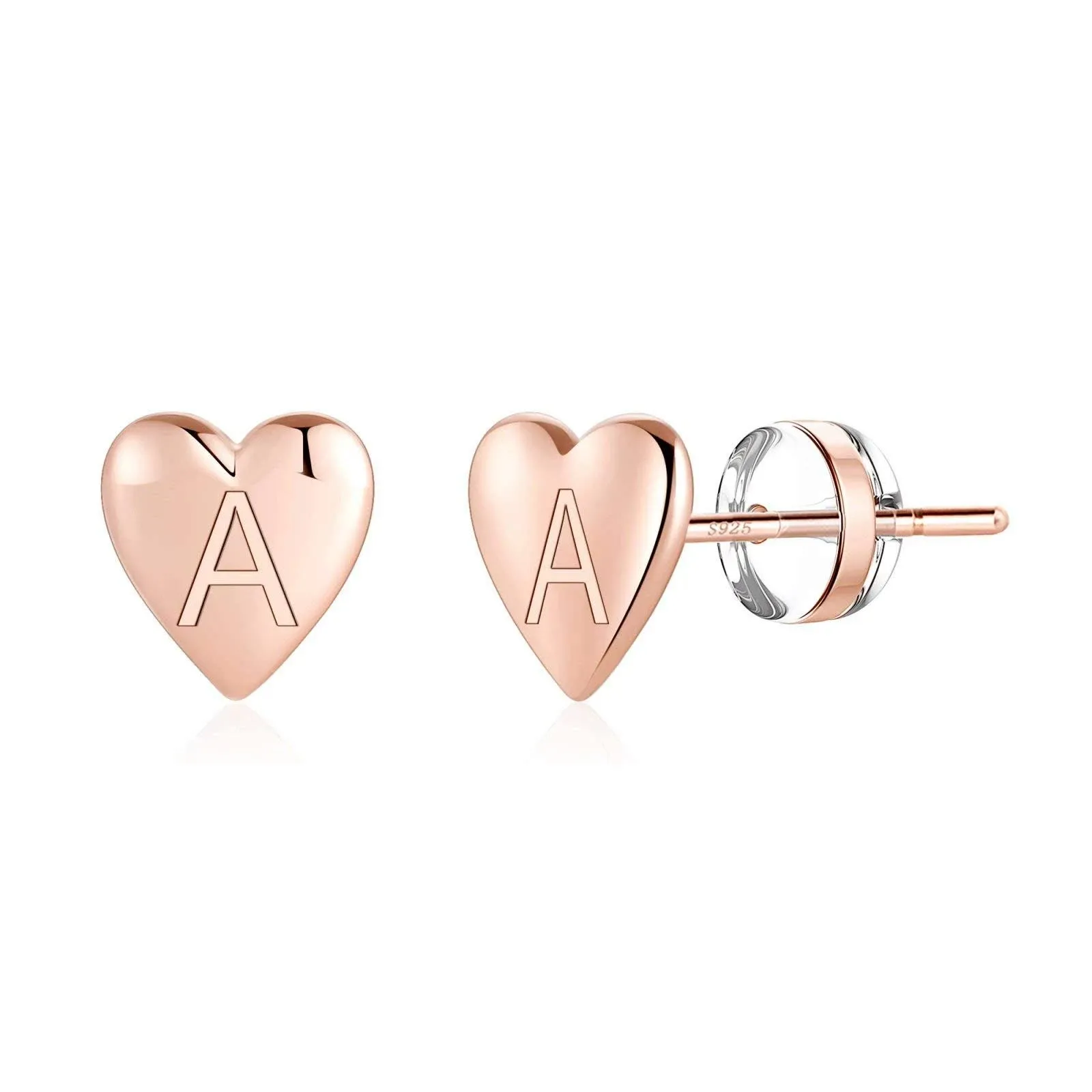 Turandoss Heart Initial Stud Earrings for Girls, S925 Sterling Silver Post Rose Gold Plated Dainty Girls Earrings Hypoallergenic Letter A Initial