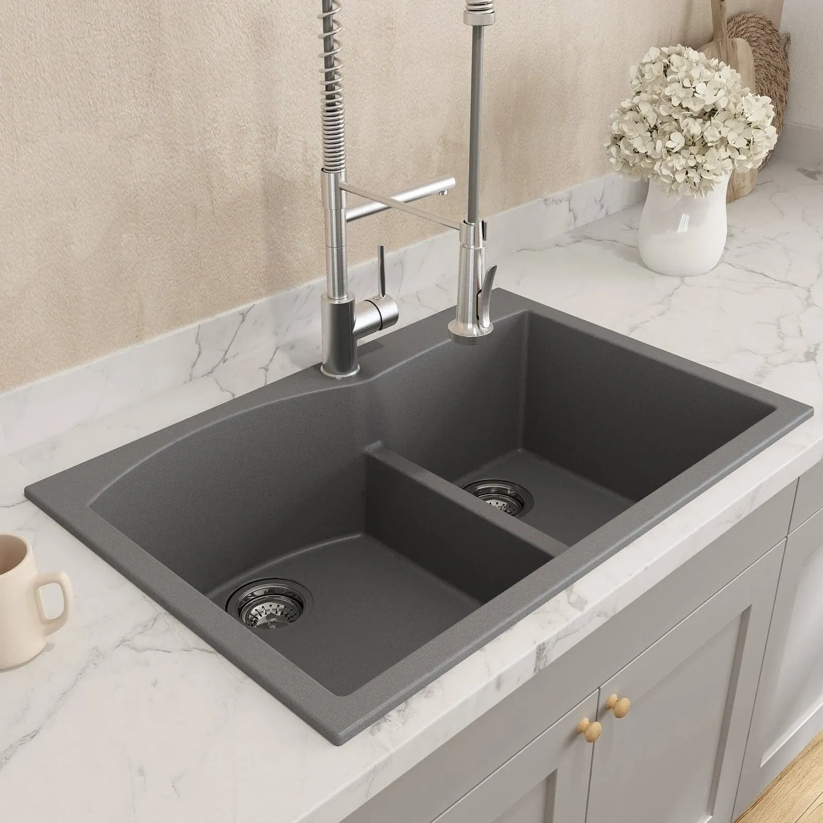 BOCCHI 33" Campino Duo Dual Mount Granite 60/40 Double Bowl Kitchen Sink with ...