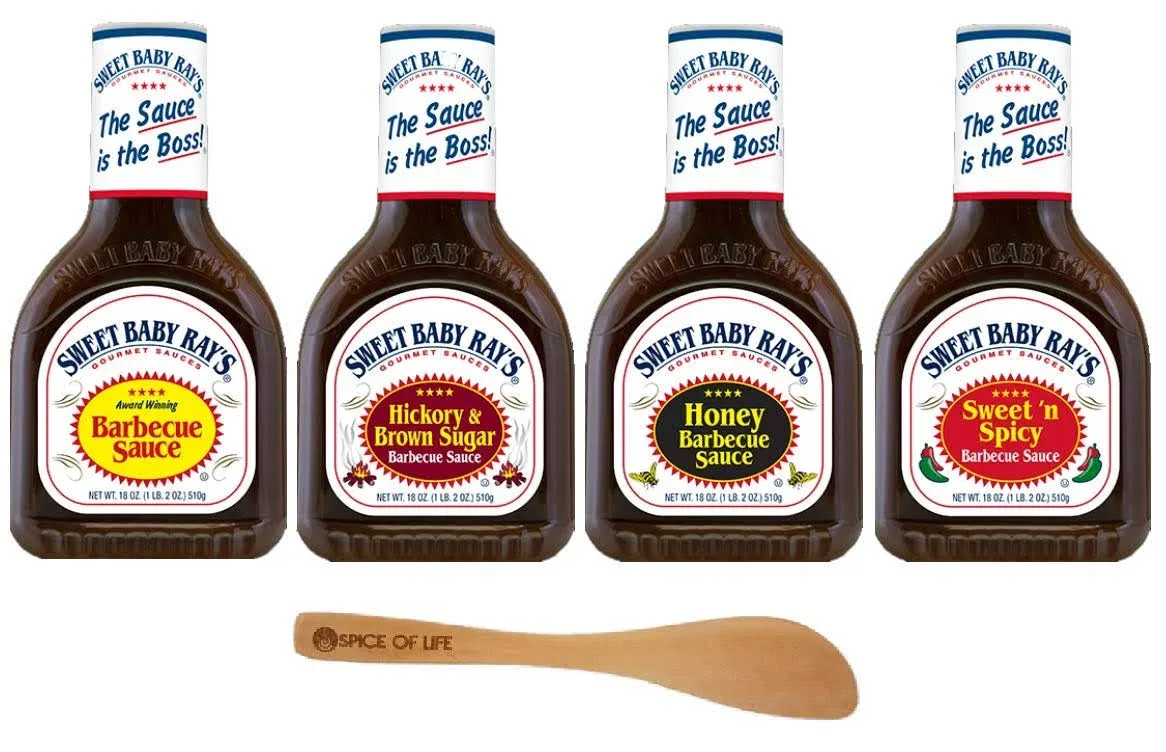 Baby Ray's Variety, Original BBQ, Hickory & Brown Sugar, Honey, and Sweet and Spicy, 18 oz Bottles, One bottle of Each Flavor with Spice of Life Bamboo Spreader