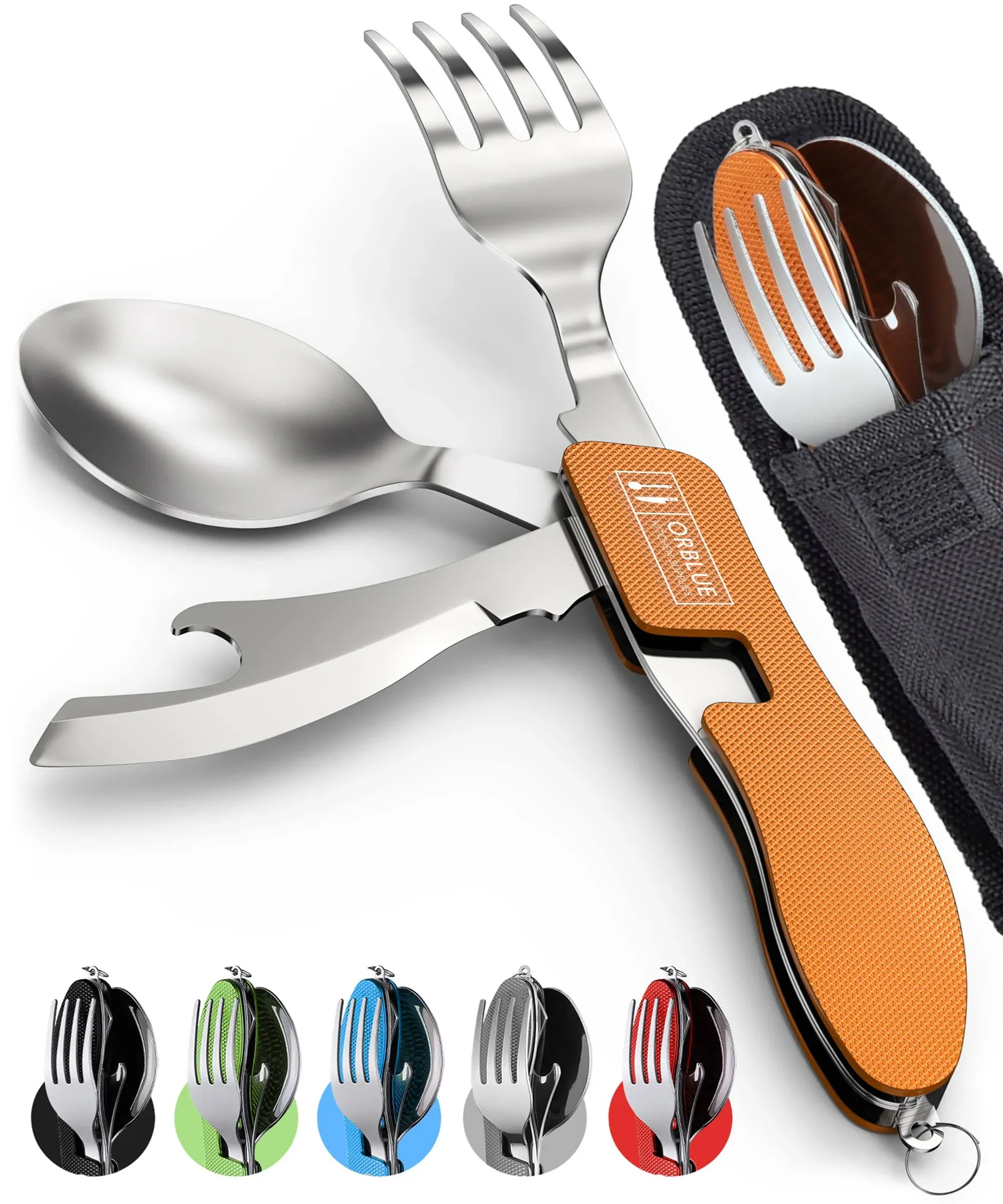 Orblue 4-in-1 Camping Utensils, 2-Pack - Portable Stainless Steel Spoon, Fork, Knife & Bottle Opener Combo Set - Travel, Backpacking Cutlery Multitool, Orange