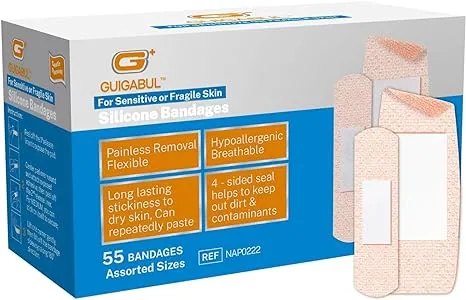 Painless Removal Silicone Bandages for Elderly Sensitive Skin - 40 Counts 0.75''x3'' Medium and 15 Counts 1.63''x4'' Extra Large Bandages by G+ GUIGABUL - Hypoallergenic - Latex Free