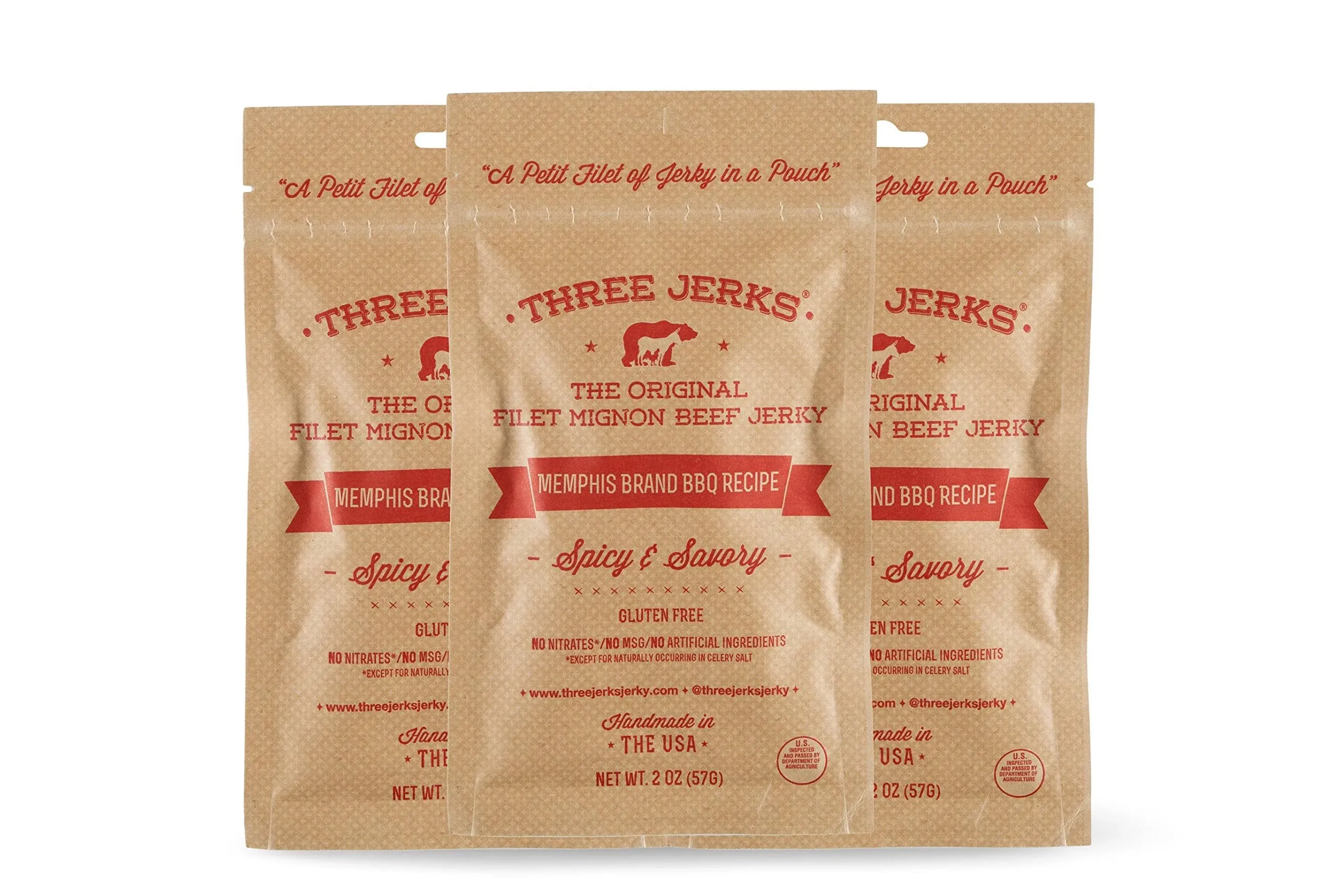 Three Jerks Gluten Free High Protein Filet Mignon Beef Jerky, Memphis BBQ Pack