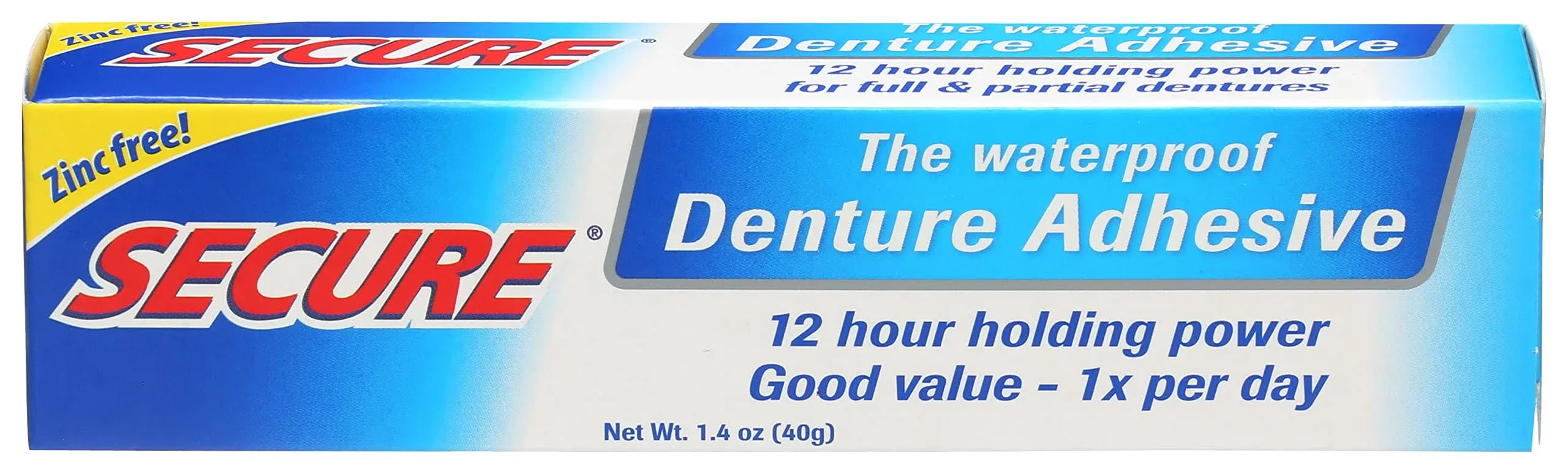 Secure Waterproof Denture Adhesive - Zinc Free - Extra Strong Hold for