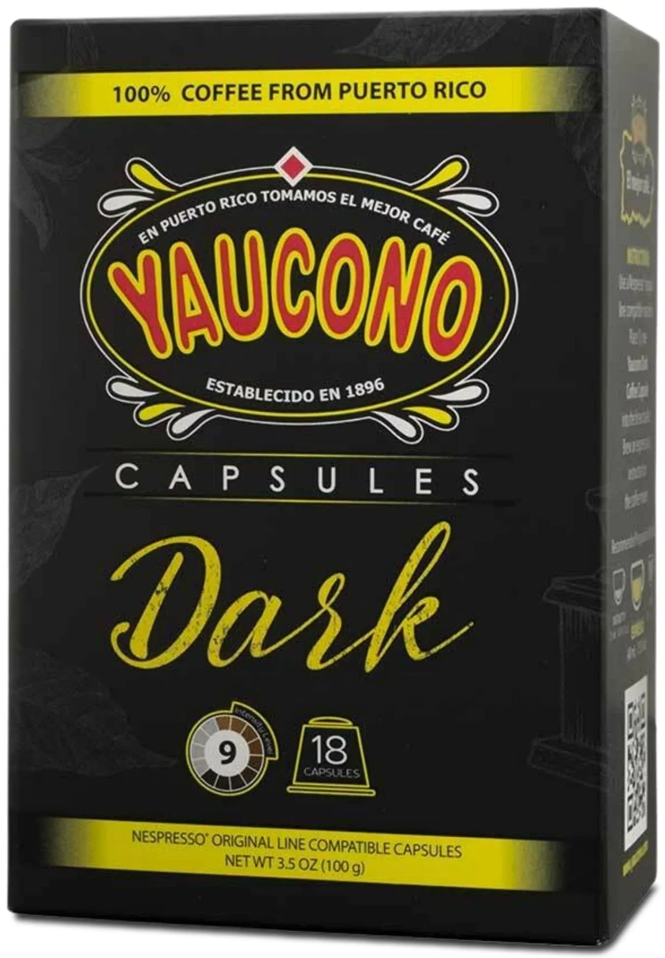 Yaucono Espresso Capsules, Dark Roast, 100 Percent Coffee from Puerto Rico Compatible with Nespresso Machines, 18 Count (Pack of 1)