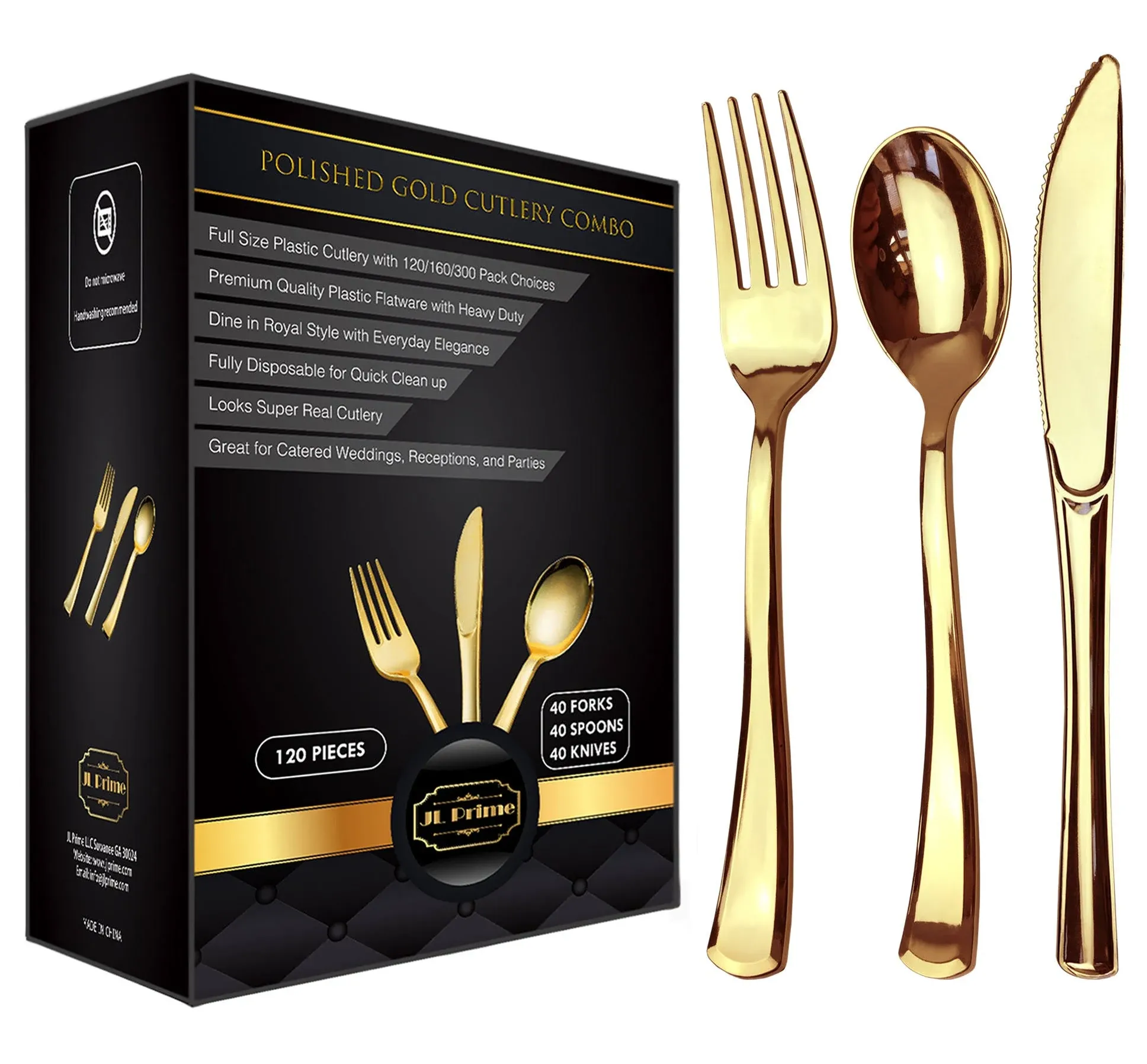 120 Piece Gold Plastic Silverware Set - Reusable & Recyclable - Gold Plastic Utensils for Weddings, Anniversaries, Showers, Parties - 40 Forks, 40 Spoons, 40 Knives - Elegant Cutlery by JL Prime