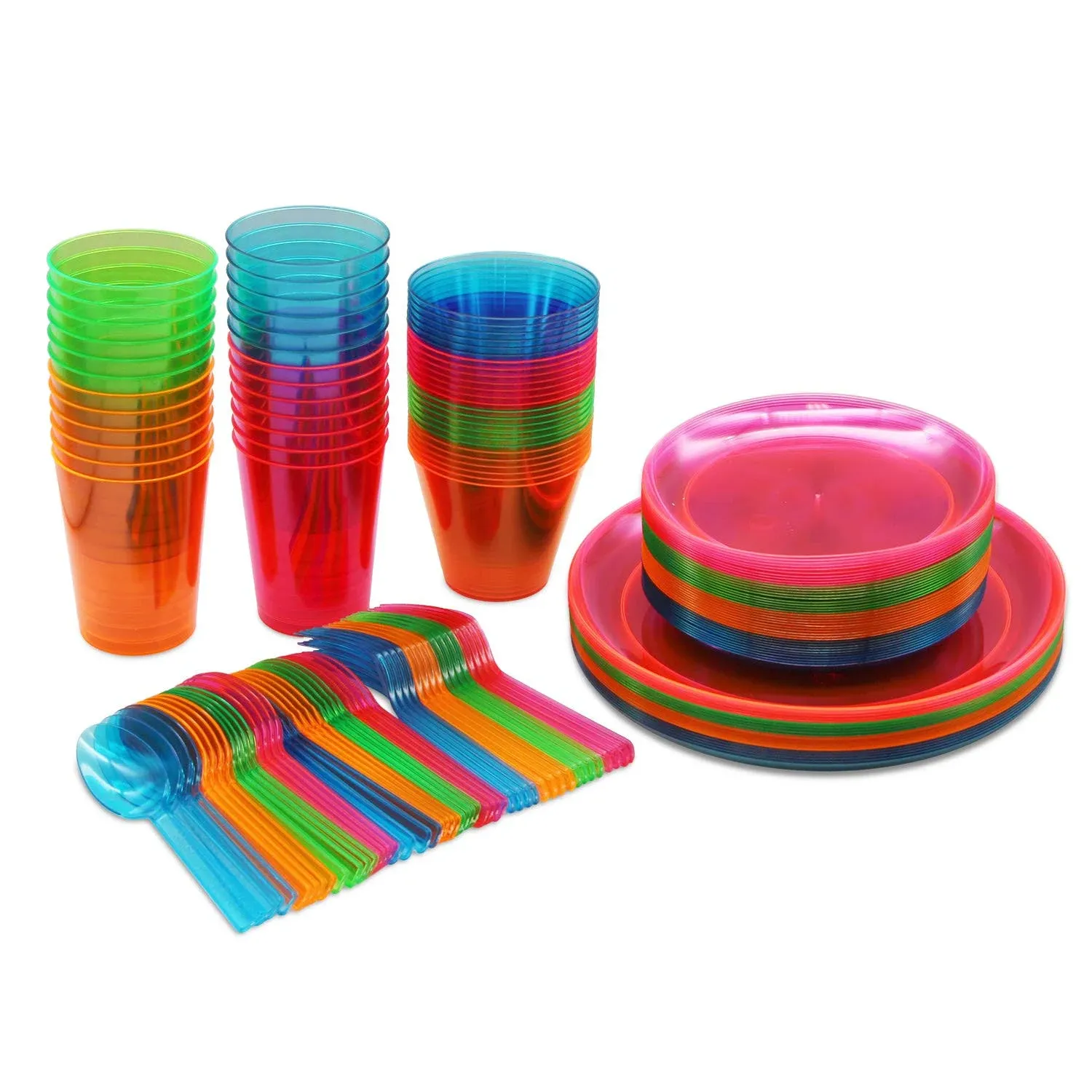 Party Essentials N265298 Party Supplies Set/Blacklight UV Glow in The Dark Kit, 9" Plates, 6" Plates, 10 oz. Tumblers, 9 oz. Tumblers, Cutlery, 158 Piece, Assorted Neon