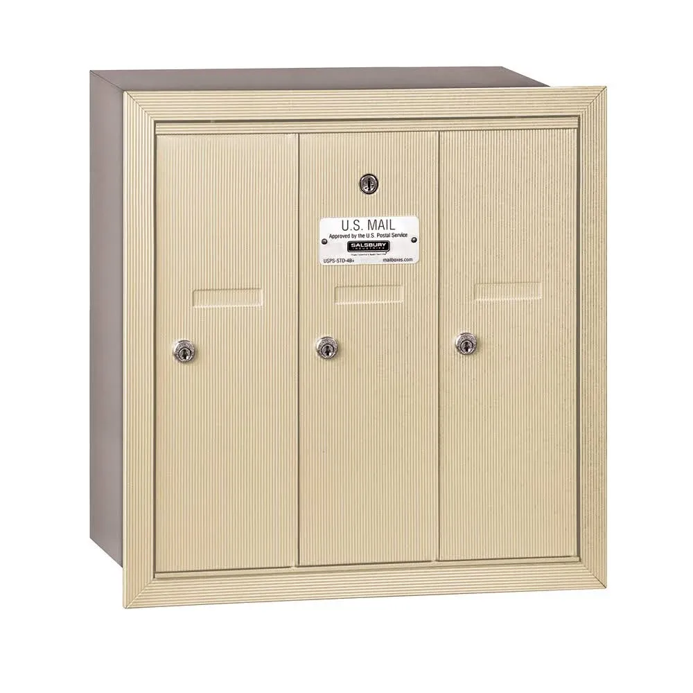 Salsbury Industries Vertical Mailbox - 3 Doors - Sandstone - Recessed Mounted - USPS Access