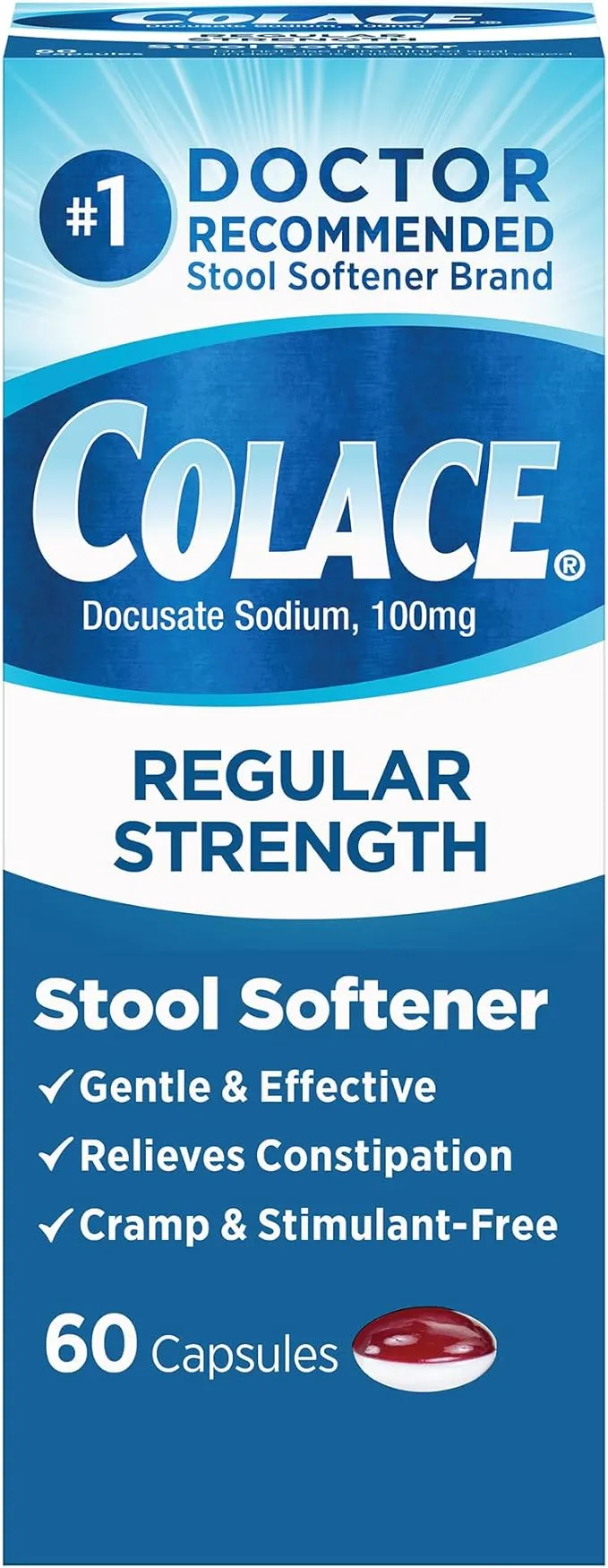 Colace Stool Softener, Capsule 60 per Bottle, 100 mg Strength Docusate Sodium, 67618010160 - One Bottle