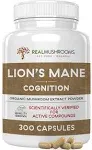 Real Mushrooms Lion’s Mane Capsules - Organic Lions Mane Mushroom Extract for Cognitive Function & Immune Support - Brain Supplements for Memory and Focus - Vegan Mushroom Supplement, 300 Caps