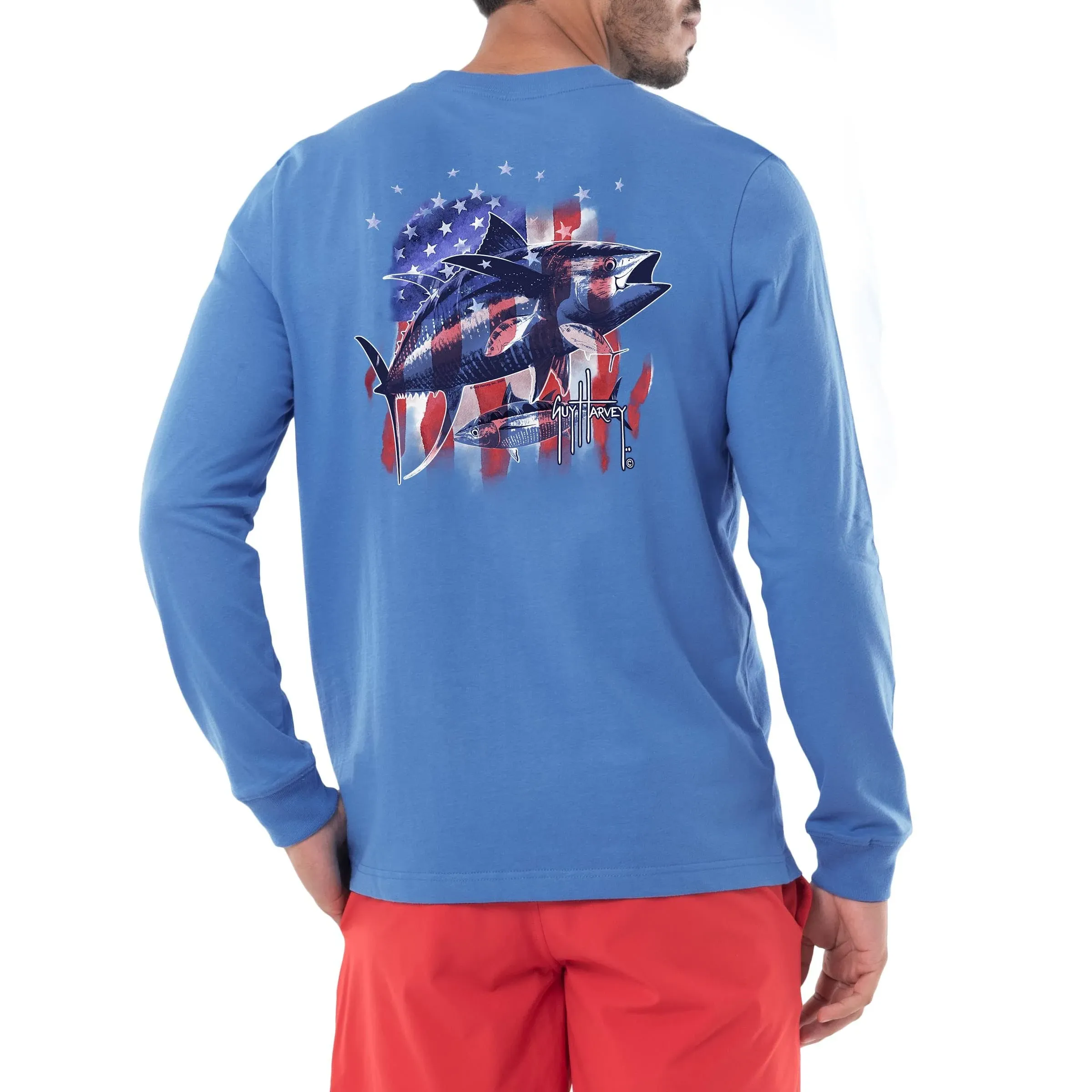 Guy Harvey Men's Tuna Stars Long Sleeve T-Shirt, Blue, Large, Cotton