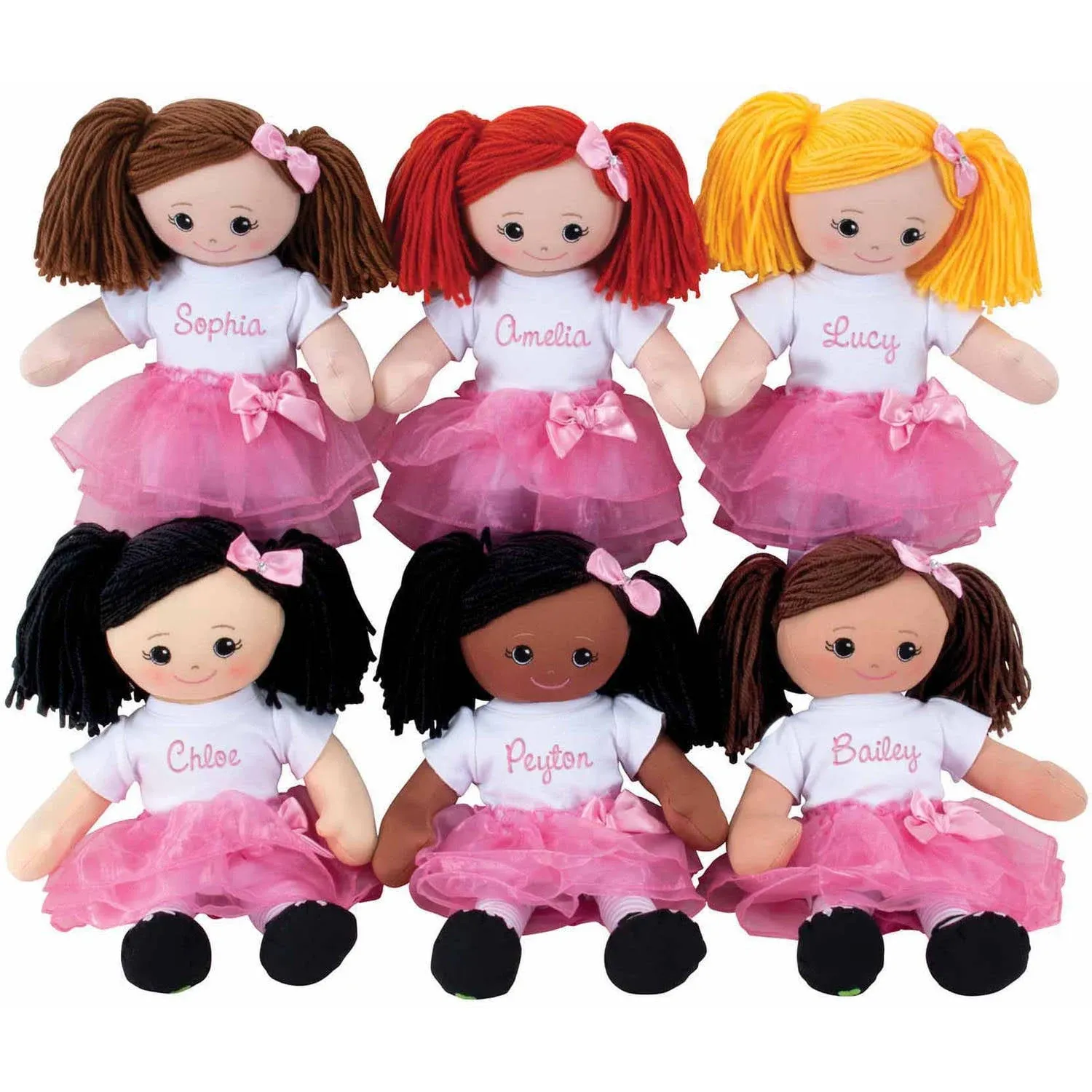 Personalized Planet Rag Doll with Custom Name Embroidered | African American Girl Dressed in White Shirt, Stripped Stockings with Pink Tutu Skirt | Black Hair with Removable Bow Clip