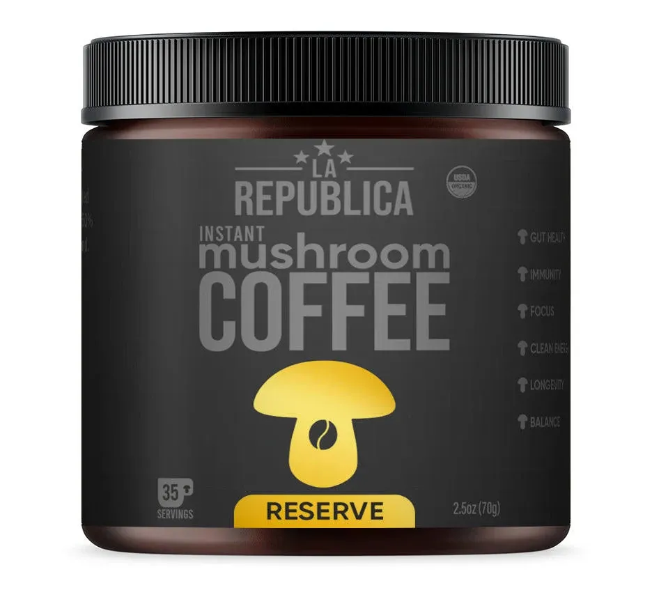 La Republica Founders RESERVE Mushroom Coffee (Super-Premium Coffee with 50% more shrooms, best tasting instant on the planet small batch full fruiting bodies extract (35 servings)