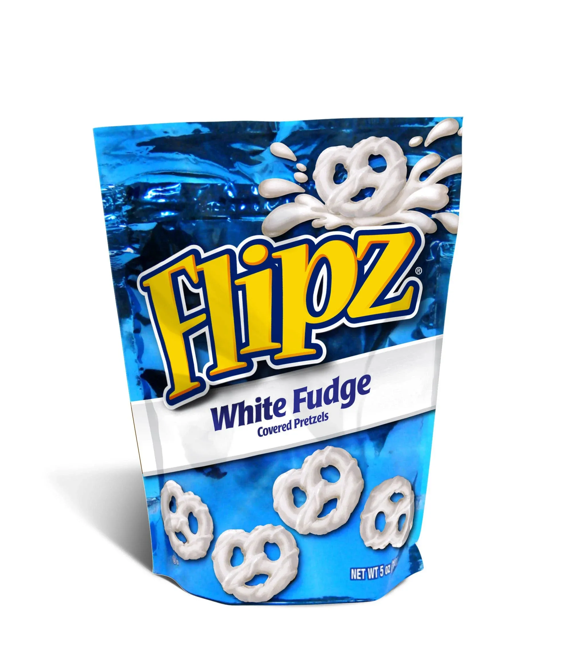 Flipz White Fudge Covered Pretzels in A Stand Up Pouch 5 Ounce Size - 12 per Case.