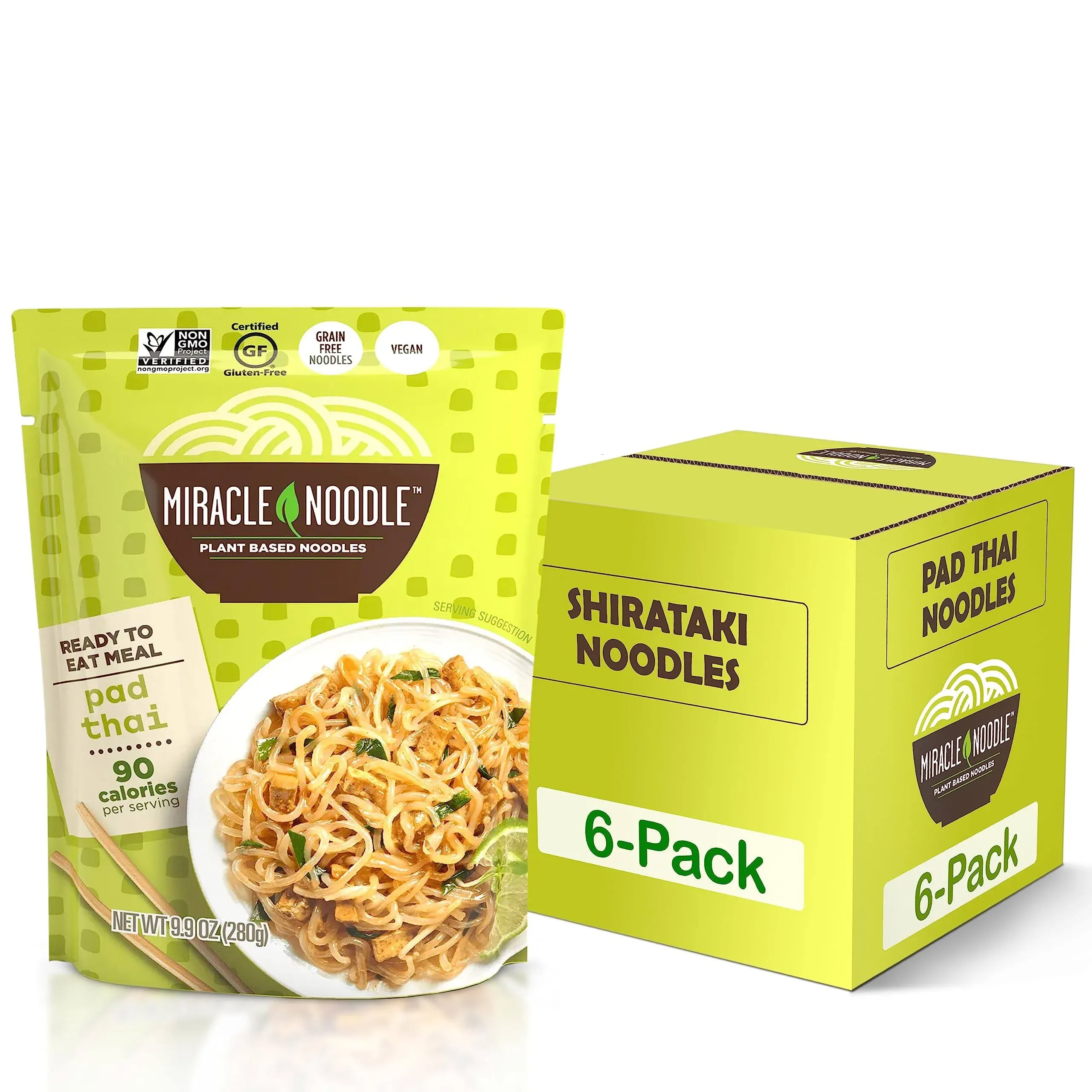 Miracle Noodle Pad Thai Noodles - Ready to Eat Plant Based Vegan Pad Thai Shirataki Noodles, Pad Thai Gluten Free, Paleo Friendly, Non-GMO, Gluten Free Asian Noodles - 10 Oz, 6-Pack