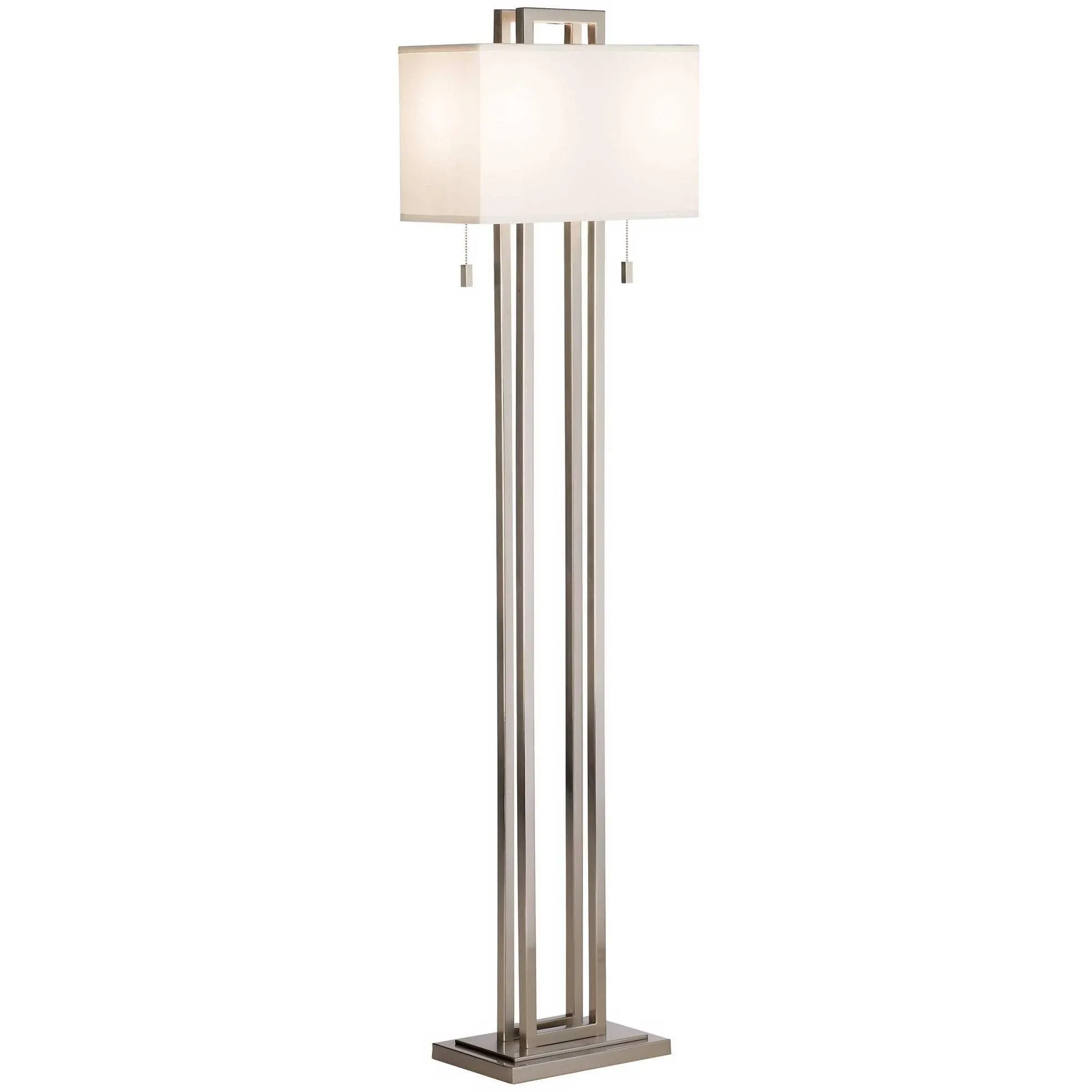 Modern Standing Floor Lamp Double Tier 62" Tall Brushed Nickel Silver Openwork Rectangular Off White Fabric Shade Decor for Living Room Reading House Bedroom Home