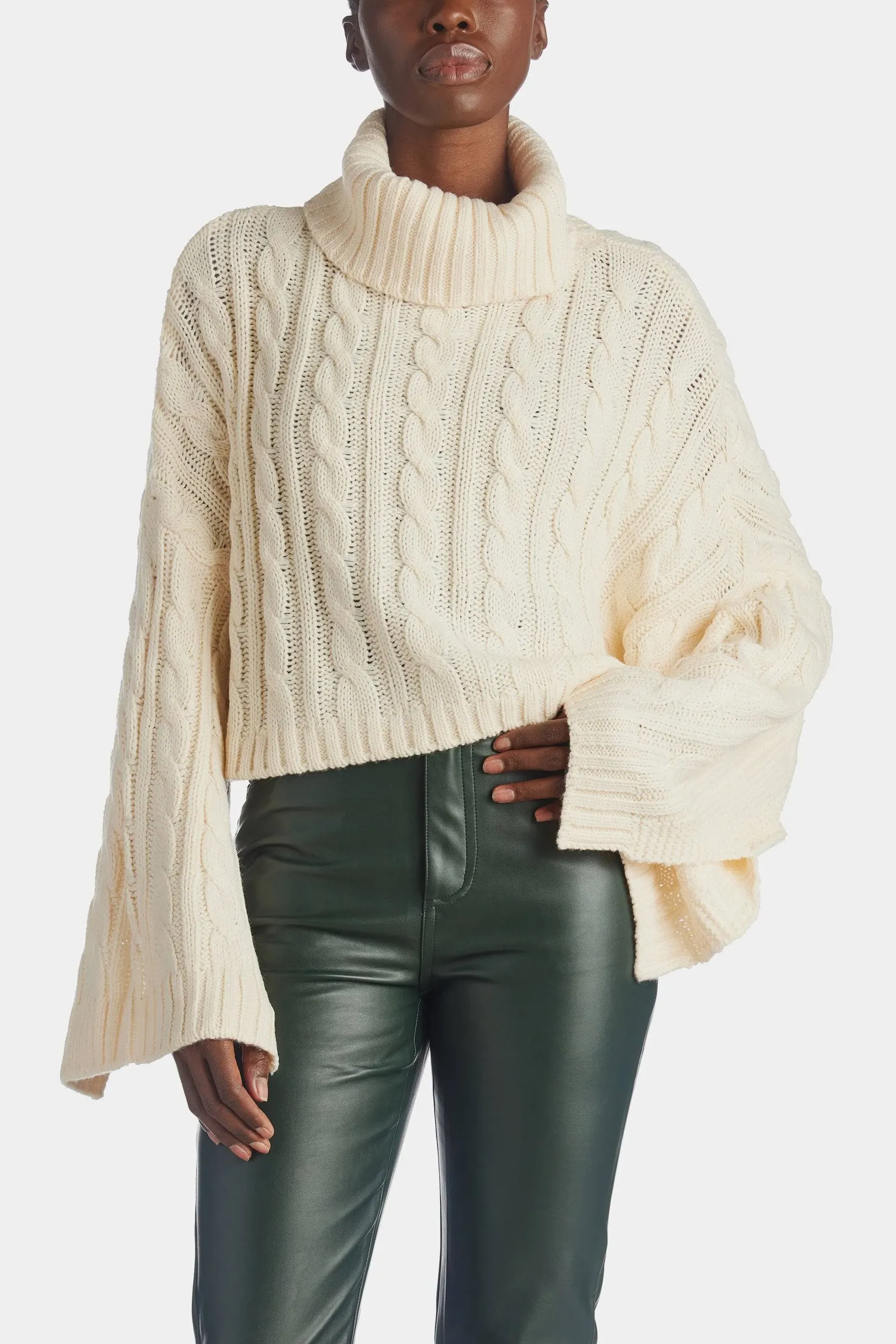 Womens Cable Knit Turtleneck Crop Sweater