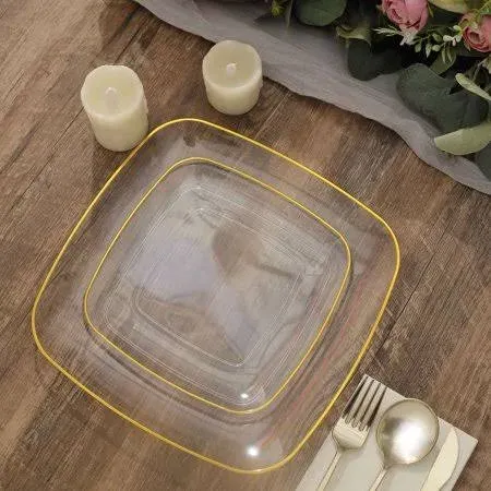 10 Pack Clear with Gold Rim Square Plastic Dinner Plates, Disposable Lunch Party Plates 10"