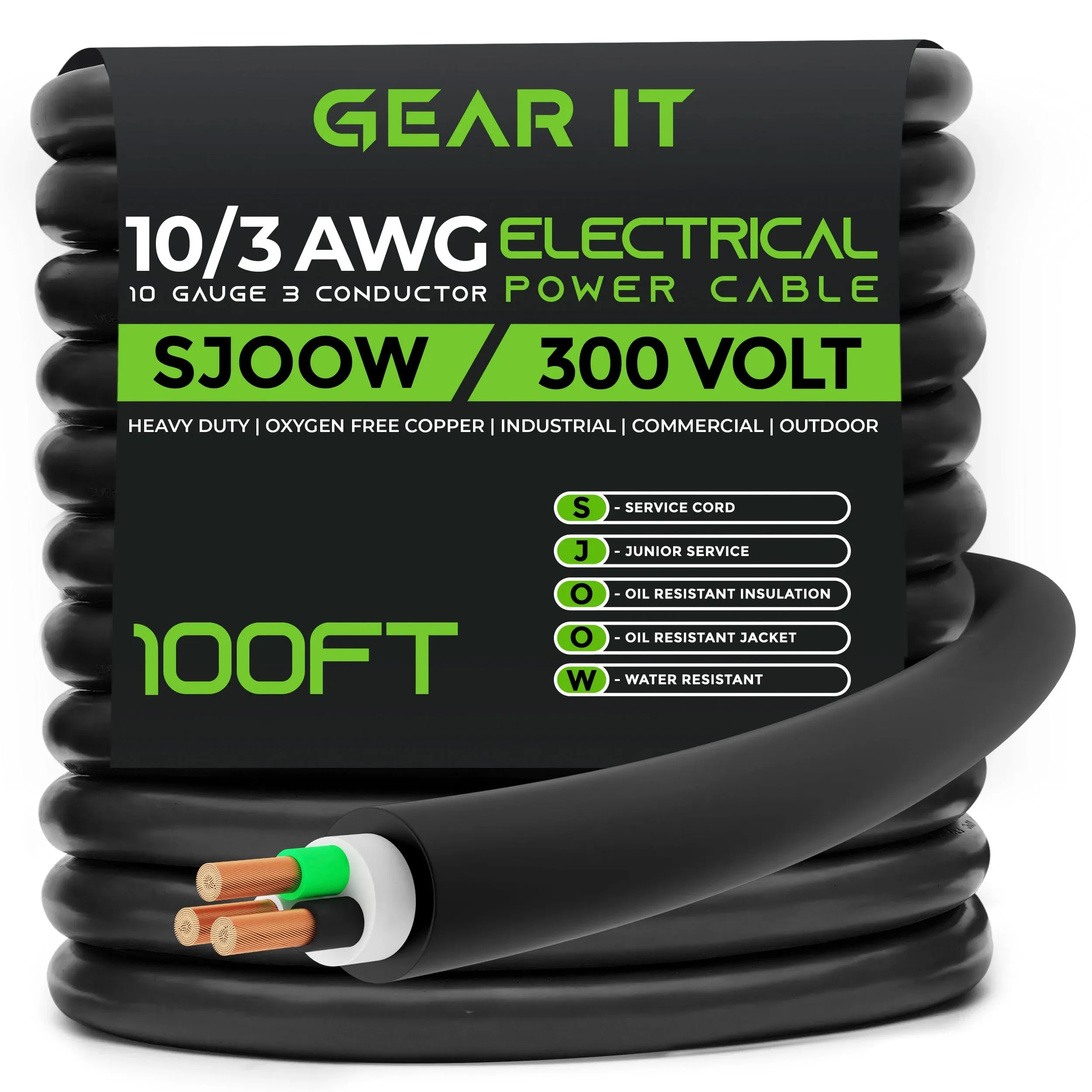 GearIT 10/3 10 AWG Portable Power Cable (100 Feet - 3 Conductor) SJOOW 300V 10 Gauge Electric Wire for Motor Leads, Portable Lights, Battery Charger, Stage Lights and Machinery -100ft Electrical Cord