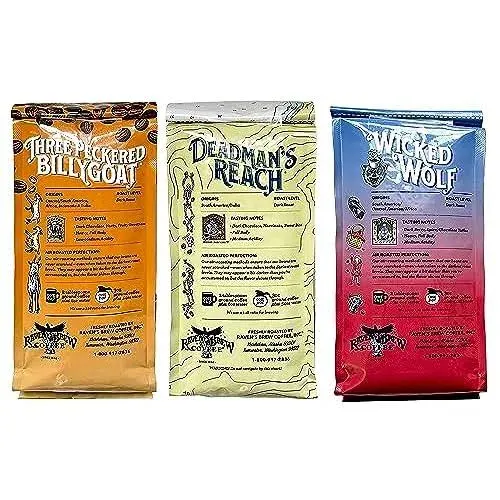 Raven's Brew Whole Bean Variety Pack - 3 Delicious Flavors - Wicked Wolf, Three Peckered Billy Goat and Deadman's Reach - 12 oz each