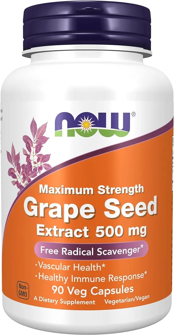 NOW Supplements, Grape Seed Extract, Maximum Strength 500 mg (a Highly Concentrated Extract with a Minimum of 90% Polyphenols), 90 Veg Capsules