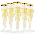 100 Pack Plastic Champagne Flutes, 4.5 Oz Gold Rim Glasses, Disposable Clear Toa