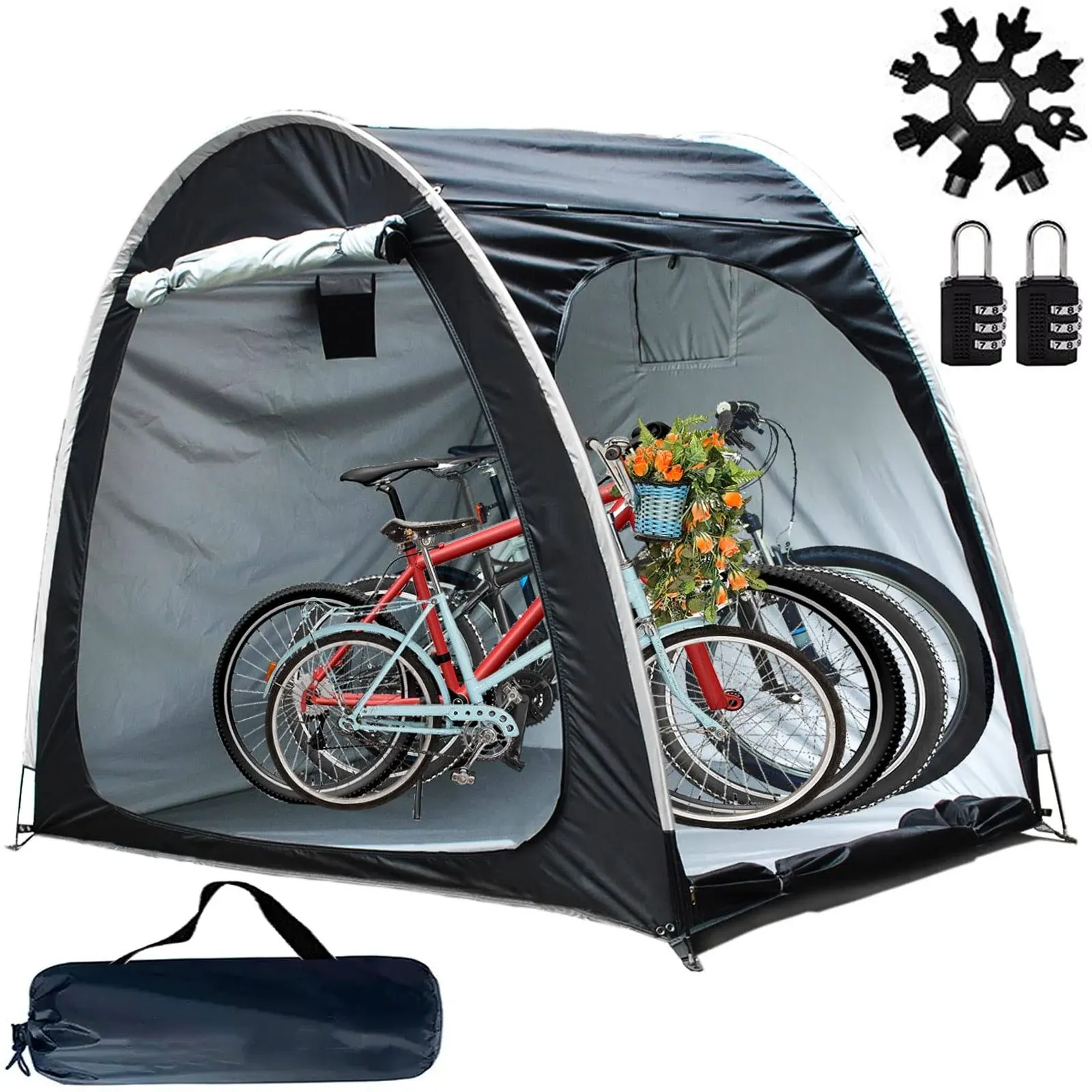 Bike Storage Shed,Bicycle Cover Tent,Heavy Duty Enlarged Style Two Doors Can Store 3-4 Bicycles Oxford Fabric Material,with Waterproof Coating,with Multi Tool and 2pcs Combination Lock (Black)