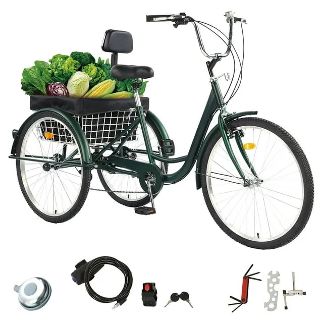 JSTUOKE Versatile 3-Wheel Adult Tricycle with 7-Speed Gearing, 26-Inch Tires, and Spacious Basket for Comfortable Riding and StorageGreen