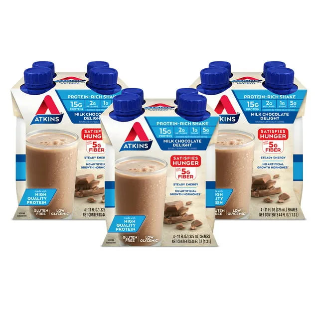 Atkins, Batido rico en proteínas, Delicia de chocolate con leche, 4 batidos, 325 ml (11 oz. Líq.) Cada uno