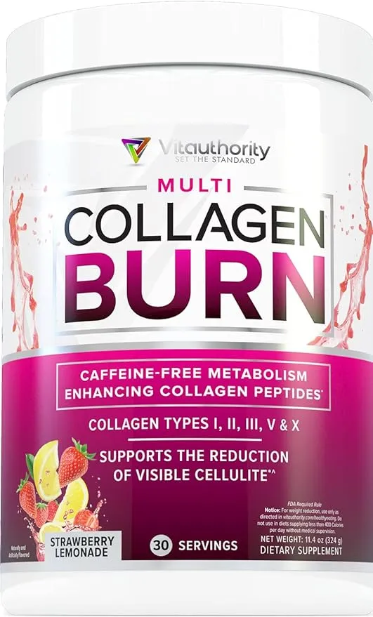 Vitauthority Multi Collagen Burn: Multi-type Hydrolyzed Collagen Protein Peptides with Hyaluronic Acid, Vitamin C, Sod B Dimpless, Types I, II, III, V