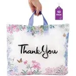 Purple Q Crafts Thank You Bags for Business 50 Pack 15" W x 12" H Floral Plastic Shopping Bags With Soft Loop Handle